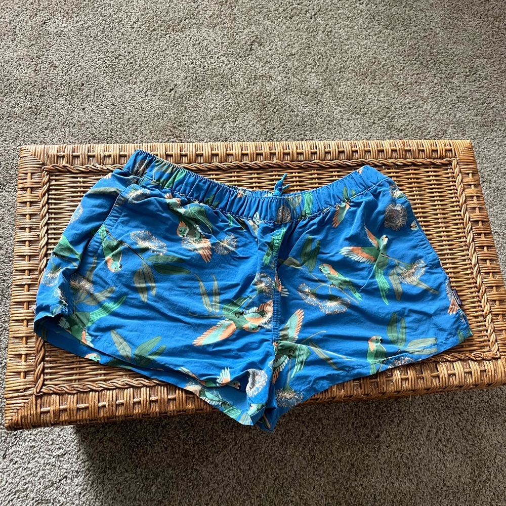 Patagonia Blue Parrot Print Athletic Shorts